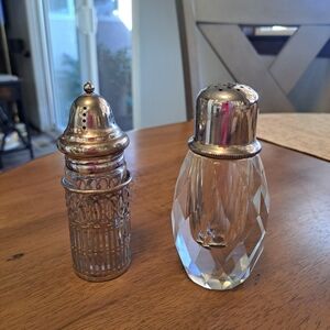 2 Vtg Silver Mismatched Crystal & Glass  Salt Shakers. Great DIY Project